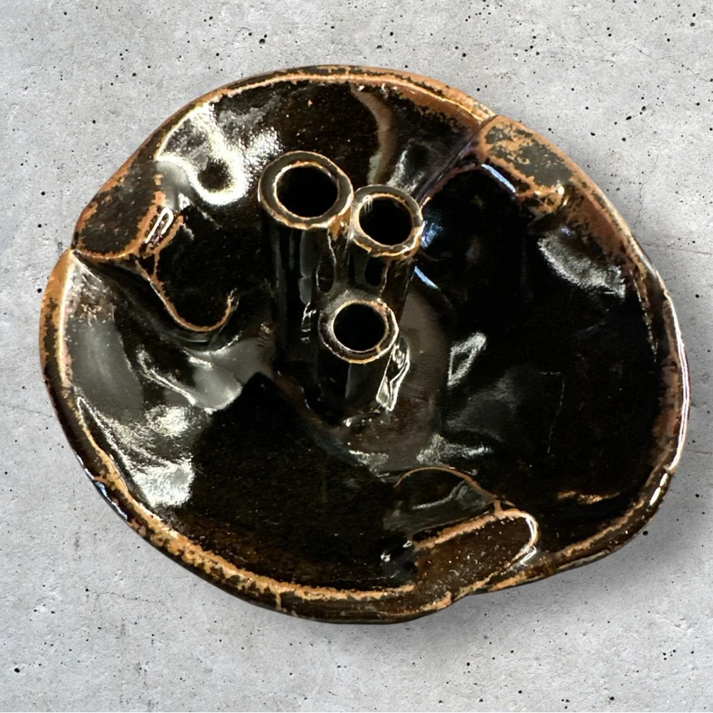 Vintage signed glazed brown ceramic flower frog